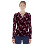 Oriental Dragon Motif Pattern V-Neck Long Sleeve Top