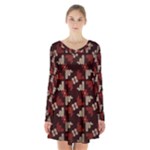 Oriental Dragon Motif Pattern Long Sleeve Velvet V-neck Dress