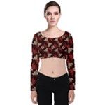 Oriental Dragon Motif Pattern Velvet Long Sleeve Crop Top
