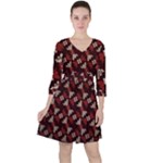 Oriental Dragon Motif Pattern Quarter Sleeve Ruffle Waist Dress