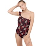 Oriental Dragon Motif Pattern Frilly One Shoulder Swimsuit
