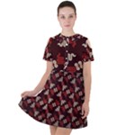 Oriental Dragon Motif Pattern Short Sleeve Shoulder Cut Out Dress 