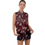 Oriental Dragon Motif Pattern Sleeveless Chiffon Button Shirt