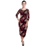 Oriental Dragon Motif Pattern Quarter Sleeve Midi Velour Bodycon Dress