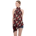 Oriental Dragon Motif Pattern Halter Asymmetric Satin Top