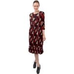 Oriental Dragon Motif Pattern Ruffle End Midi Chiffon Dress