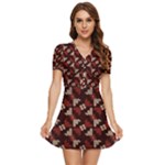 Oriental Dragon Motif Pattern V-Neck High Waist Chiffon Mini Dress