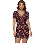 Oriental Dragon Motif Pattern Low Cut Cap Sleeve Mini Dress