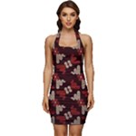Oriental Dragon Motif Pattern Sleeveless Wide Square Neckline Ruched Bodycon Dress