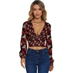 Oriental Dragon Motif Pattern Long Sleeve Deep-V Velour Top