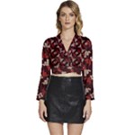 Oriental Dragon Motif Pattern Long Sleeve Tie Back Satin Wrap Top