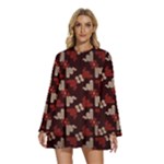 Oriental Dragon Motif Pattern Round Neck Long Sleeve Bohemian Style Chiffon Mini Dress