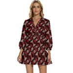 Oriental Dragon Motif Pattern V-Neck Placket Mini Dress
