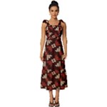 Oriental Dragon Motif Pattern Tie-Strap Tiered Midi Chiffon Dress