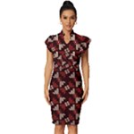 Oriental Dragon Motif Pattern Vintage Frill Sleeve V-Neck Bodycon Dress