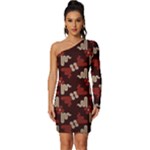 Oriental Dragon Motif Pattern Long Sleeve One Shoulder Mini Dress