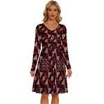 Oriental Dragon Motif Pattern Long Sleeve Dress With Pocket