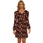 Oriental Dragon Motif Pattern Long Sleeve Waist Tie Ruffle Velvet Dress