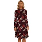 Oriental Dragon Motif Pattern Long Sleeve Shirt Collar A-Line Dress