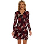Oriental Dragon Motif Pattern Long Sleeve Deep V Mini Dress 