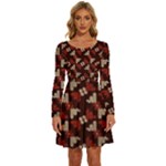 Oriental Dragon Motif Pattern Long Sleeve Wide Neck Velvet Dress