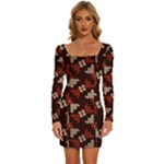 Oriental Dragon Motif Pattern Long Sleeve Square Neck Bodycon Velvet Dress