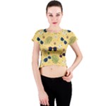 Seamless Pattern Of Sunglasses Tropical Leaves And Flowers Crew Neck Crop Top