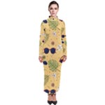 Seamless Pattern Of Sunglasses Tropical Leaves And Flowers Turtleneck Maxi Dress
