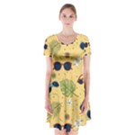 Seamless Pattern Of Sunglasses Tropical Leaves And Flowers Short Sleeve V-neck Flare Dress