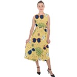 Seamless Pattern Of Sunglasses Tropical Leaves And Flowers Midi Tie-Back Chiffon Dress