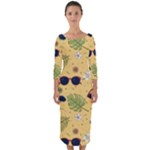 Seamless Pattern Of Sunglasses Tropical Leaves And Flowers Quarter Sleeve Midi Bodycon Dress