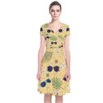 Seamless Pattern Of Sunglasses Tropical Leaves And Flowers Short Sleeve Front Wrap Dress