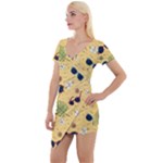 Seamless Pattern Of Sunglasses Tropical Leaves And Flowers Short Sleeve Asymmetric Mini Dress