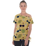 Seamless Pattern Of Sunglasses Tropical Leaves And Flowers Off Shoulder Tie-Up T-Shirt