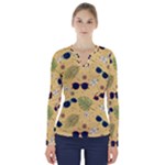 Seamless Pattern Of Sunglasses Tropical Leaves And Flowers V-Neck Long Sleeve Top