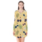 Seamless Pattern Of Sunglasses Tropical Leaves And Flowers Long Sleeve V-neck Flare Dress