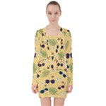 Seamless Pattern Of Sunglasses Tropical Leaves And Flowers V-neck Bodycon Long Sleeve Dress
