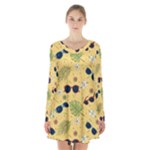 Seamless Pattern Of Sunglasses Tropical Leaves And Flowers Long Sleeve Velvet V-neck Dress