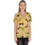 Seamless Pattern Of Sunglasses Tropical Leaves And Flowers Women s V-Neck Scrub Top