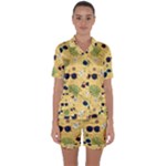 Seamless Pattern Of Sunglasses Tropical Leaves And Flowers Satin Short Sleeve Pajamas Set