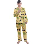 Seamless Pattern Of Sunglasses Tropical Leaves And Flowers Men s Long Sleeve Satin Pajamas Set