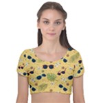 Seamless Pattern Of Sunglasses Tropical Leaves And Flowers Velvet Short Sleeve Crop Top 