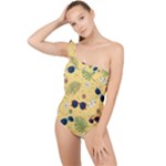 Seamless Pattern Of Sunglasses Tropical Leaves And Flowers Frilly One Shoulder Swimsuit
