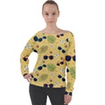 Seamless Pattern Of Sunglasses Tropical Leaves And Flowers Off Shoulder Long Sleeve Velour Top