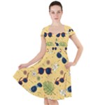 Seamless Pattern Of Sunglasses Tropical Leaves And Flowers Cap Sleeve Midi Dress