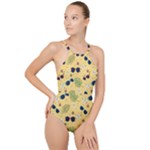Seamless Pattern Of Sunglasses Tropical Leaves And Flowers High Neck One Piece Swimsuit