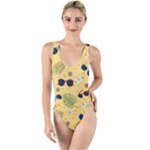 Seamless Pattern Of Sunglasses Tropical Leaves And Flowers High Leg Strappy Swimsuit