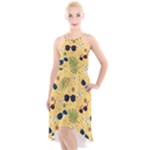 Seamless Pattern Of Sunglasses Tropical Leaves And Flowers High-Low Halter Chiffon Dress 