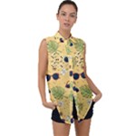 Seamless Pattern Of Sunglasses Tropical Leaves And Flowers Sleeveless Chiffon Button Shirt