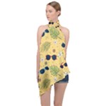 Seamless Pattern Of Sunglasses Tropical Leaves And Flowers Halter Asymmetric Satin Top